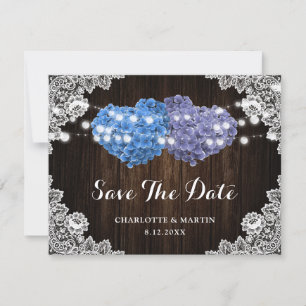 Rustikale lila und blaue Hochzeit mit floralen Mot Save The Date