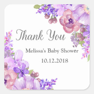 Rustikale lila violette Blumen Baby Shower Dankesc Quadratischer Aufkleber