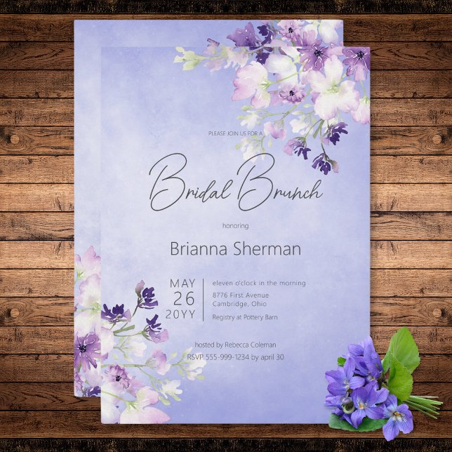 Rustikale Lila Wasserfarbe Blumenbraun Brunch Einladung (Rustic Purple Watercolor Floral Bridal Brunch Invitation)