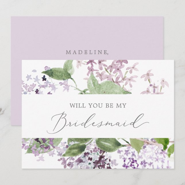 Rustikale Lilac Bridesmaid Vorschlagskarte Einladung (Vorne/Hinten)
