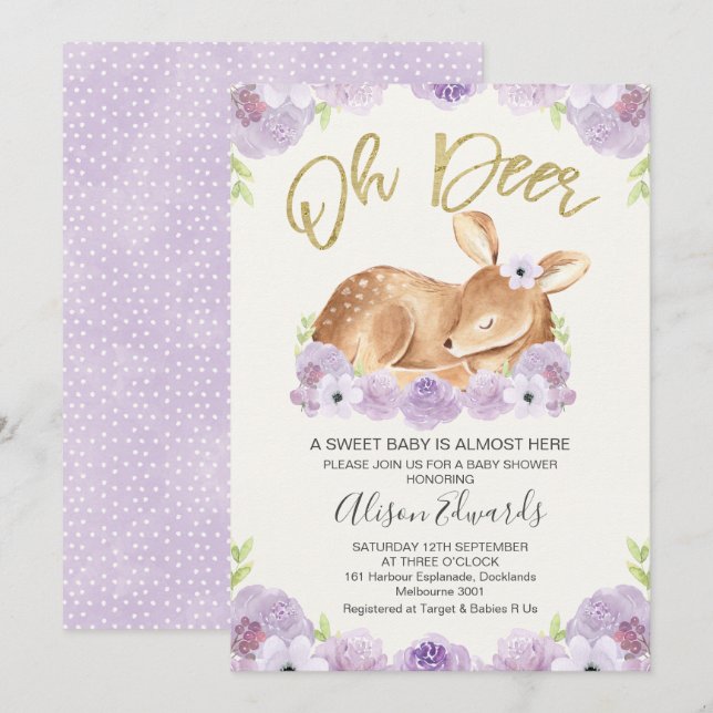 Rustikale Lilac Floral Deer Baby Dusche Einladung (Vorne/Hinten)