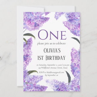 Rustikale Lilac Wildblume zum ersten Geburtstag Einladung