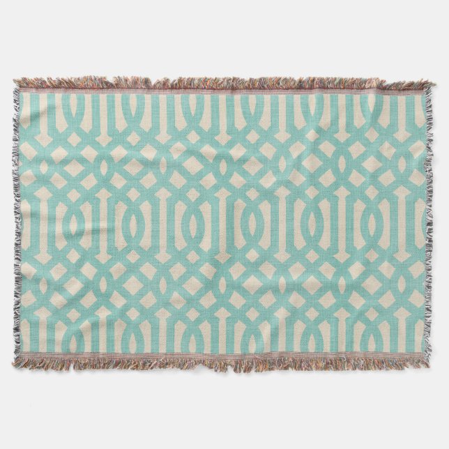 Rustikale Linen Beige und Aqua Trellis Decke (Vorderseite)