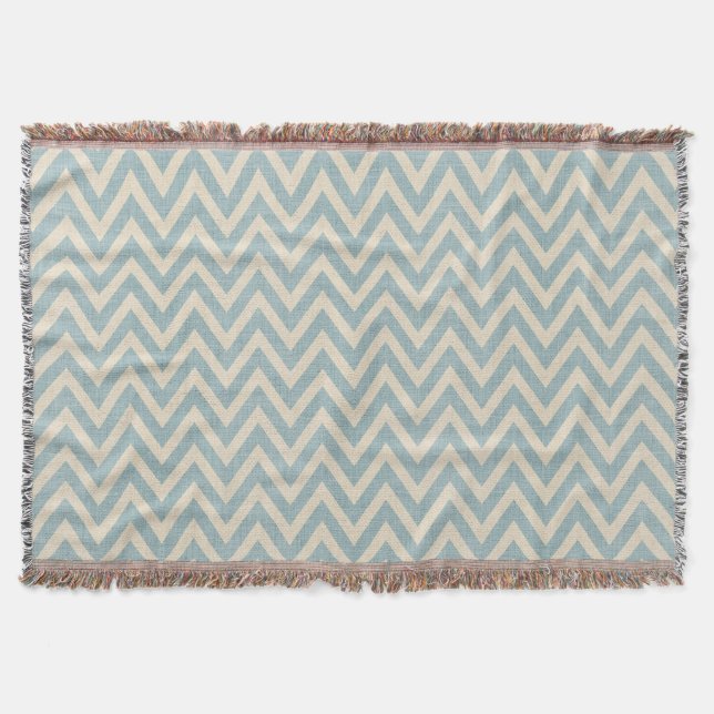 Rustikale Linen Beige und Blau Zickzack Decke (Vorderseite)