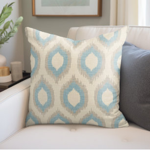 Rustikale Linen Beige und Blue Ikat Print Kissen