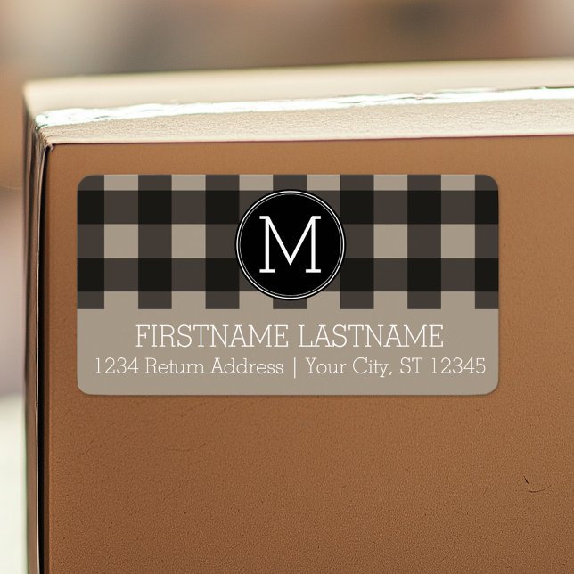 Rustikale Linen Black Buffalo Kariert Gingham Mono Adressaufkleber (Custom Shipping Label with Return Address)