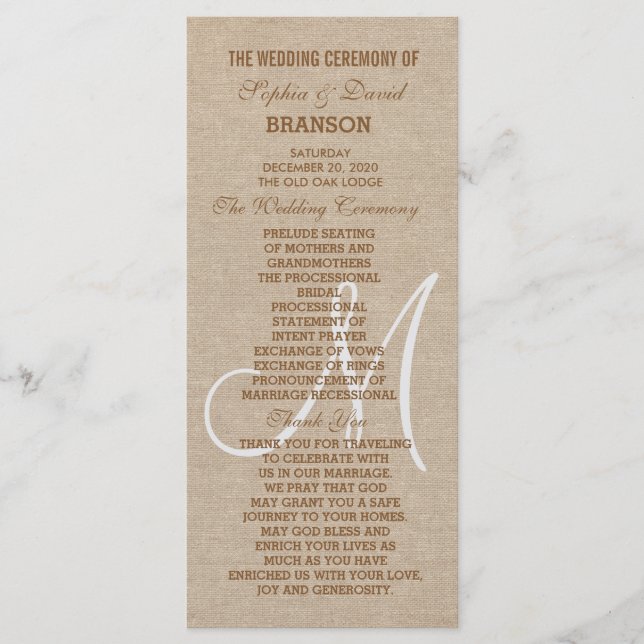 Rustikale Linen Leinwand Wedding Monogram Programm (Vorderseite)