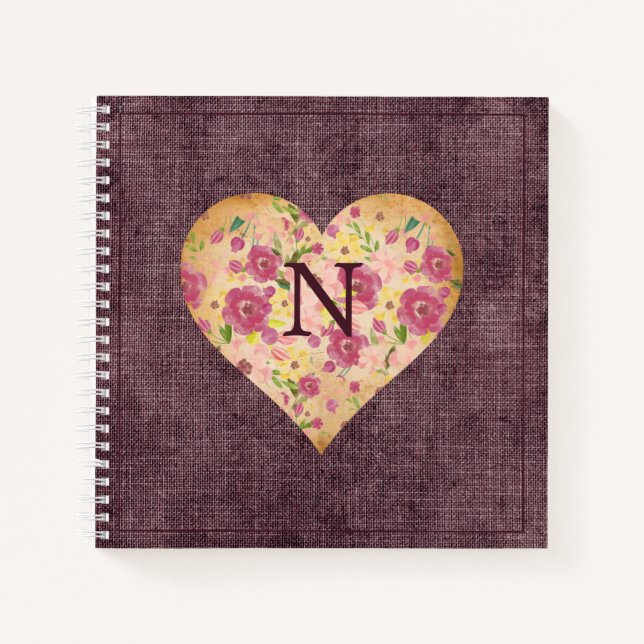 Rustikale Linen Monogramm Blumenkohl Hübsch Notizbuch (Vorderseite)