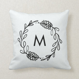 Rustikale Lorbeer-Bauernhaus-Tannenzapfen-Monogram Kissen