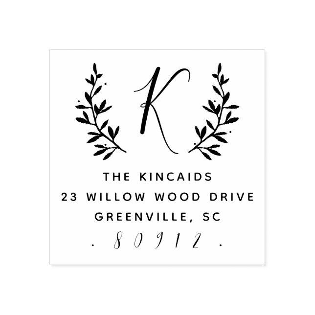 Rustikale Lorbeerskriptmonogramm-Rücksendeadresse Gummistempel (Prägung)