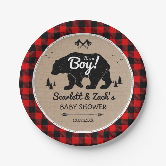 Rustikale Lumberjack Bear Boy Baby Dusche Pappteller (Vorderseite)