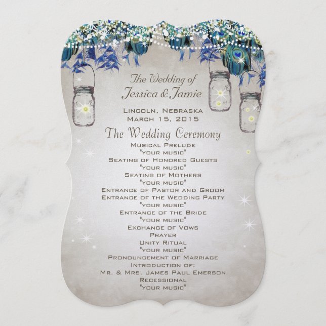 Rustikale Luxus-Pfauen-Hochzeitsprogramm Programm (Vorderseite)