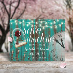Rustikale Märchenmesse Hochzeit Aquamariner Stall  Ankündigungspostkarte<br><div class="desc">Rustikale Aquamarine Holzleuchter & Uhrenmärchen Hochzeit Sichern Sie die Terminankündigungen.</div>