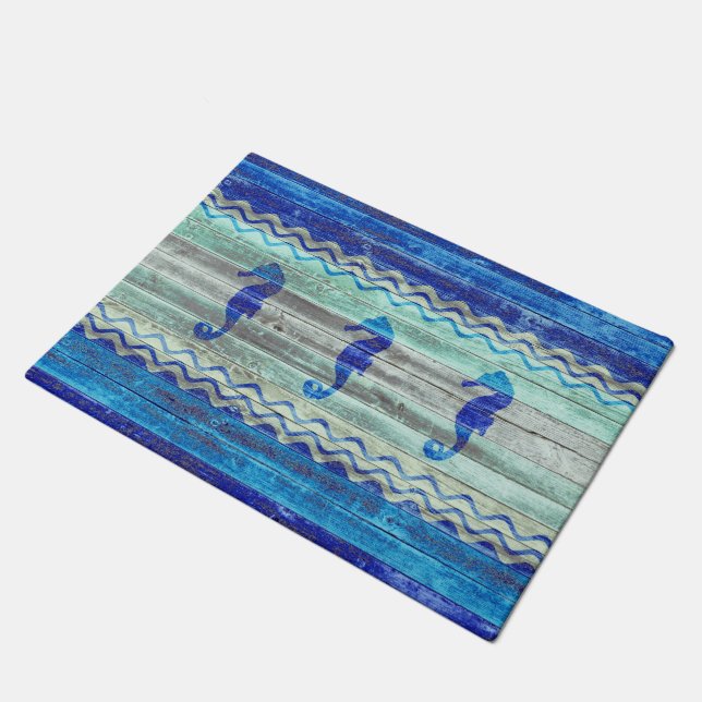 Rustikale Marine-Blau-Küstendekor-Seepferde Fußmatte (Schrägansicht)