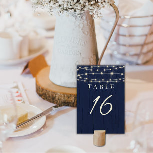 Rustikale marineblaue Lichterketten Hochzeit Tischnummer