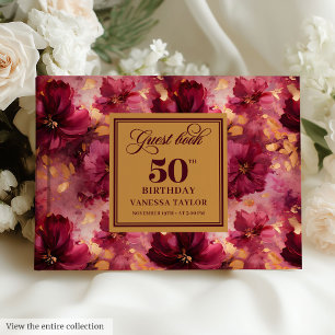 Rustikale Maroon Blush Gold Blume 50. Geburtstag Gästebuch