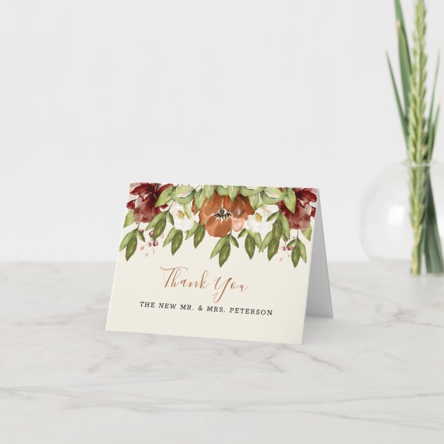 Rustikale Maroon Orange Blumenhochzeit Dankeschön  Dankeskarte (Vorderseite)