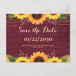 Rustikale Maroon Wood Sonnenblumen Hochzeit speich Ankündigungspostkarte