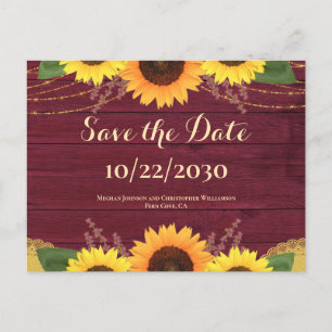 Rustikale Maroon Wood Sonnenblumen Hochzeit speich Ankündigungspostkarte
