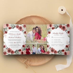 Rustikale Marsala-Blüten-Foto-Collage-Hochzeit Dreifach Gefaltete Einladung