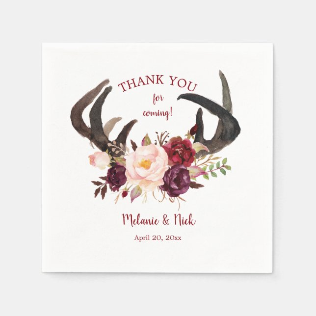 Rustikale Marsala Floral Antlers Hochzeitsdekor 41 Serviette (Vorderseite)