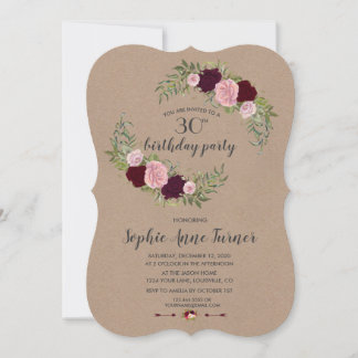 Rustikale Marsala Floral Craft Papier Geburtstagsp Einladung