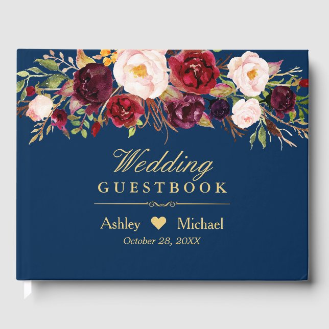Rustikale Marsala Red Floral Navy Blue Wedding Gästebuch (Vorderseite)