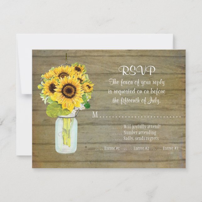 Rustikale Mason Jar Blume Sonnenblumen UAWG RSVP Karte (Vorderseite)