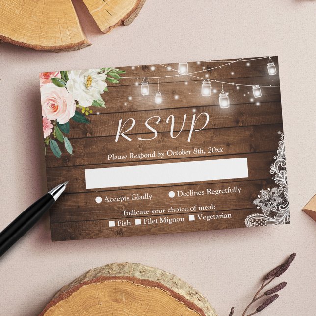 Rustikale Mason Jar Lights Blush Blumenzange Hochz RSVP Karte (Von Creator hochgeladen)