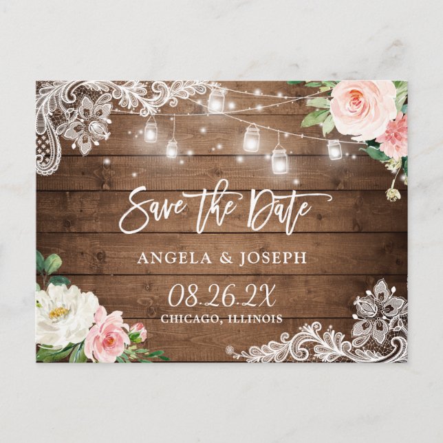 Rustikale Mason Jar Lights Lace Wedding Save the D Einladungspostkarte (Vorderseite)