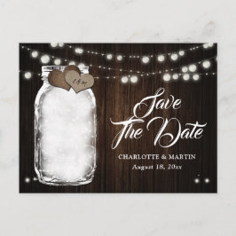 Rustikale Mason Jar Lights Wood Wedding retten das Ankündigungspostkarte