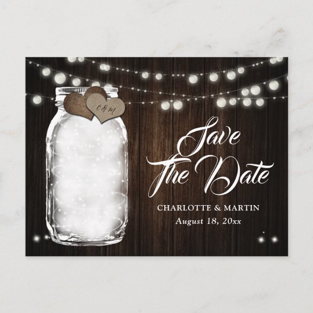 Rustikale Mason Jar Lights Wood Wedding retten das Ankündigungspostkarte (Vorderseite)