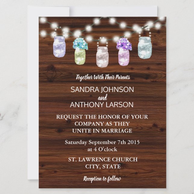 Rustikale Mason Jar mit Lichtereihen Einladung (Vorderseite)
