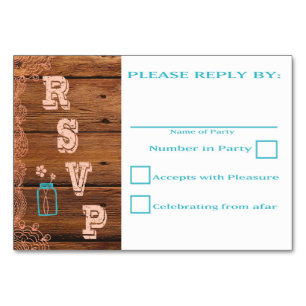 Rustikale Mason Jar RSVP-Karten Peach Aquamarin Tischnummer