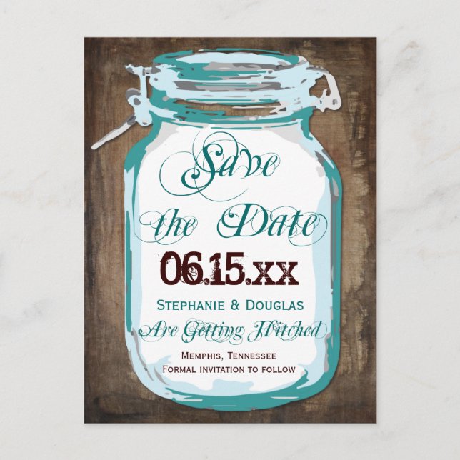 Rustikale Mason Jar Save the Date Postkarten (Vorderseite)