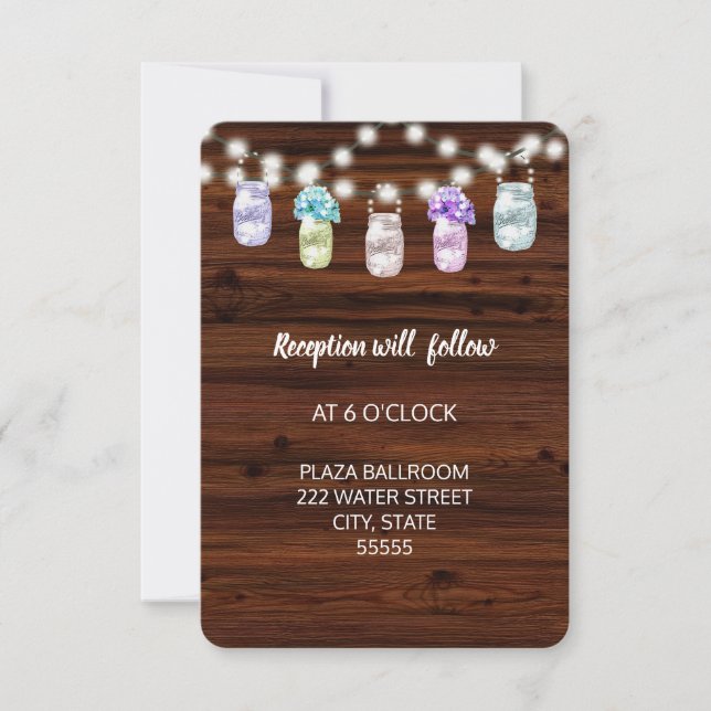 Rustikale Mason Jar und Lights Hochzeitsempfangska Einladung (Vorderseite)