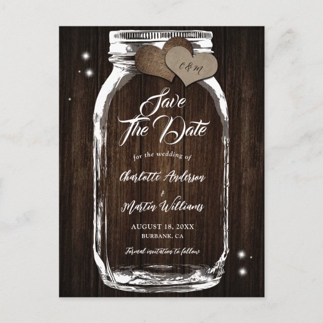 Rustikale Mason Jar Wood Wedding retten das Datum Ankündigungspostkarte (Vorderseite)