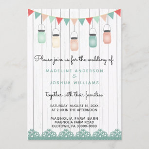 Rustikale Mason Jars String Lights on Wood Wedding Einladung