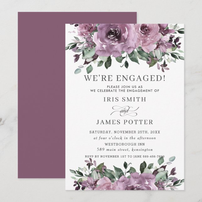 Rustikale Mauve Lila Plum Floral Engagement Party Einladung (Vorne/Hinten)