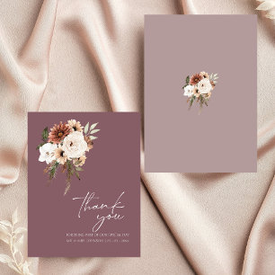 Rustikale Mauve-Pfirsich-Blumen-Script-Hochzeits-D Dankeskarte