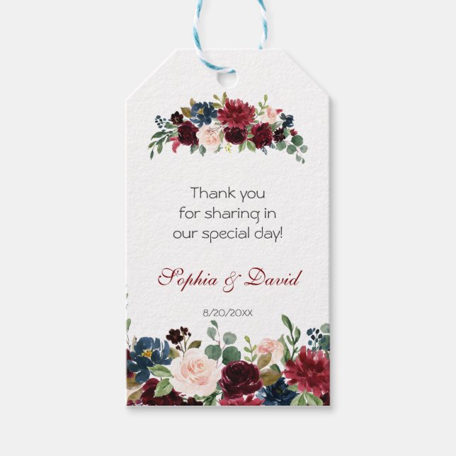 Rustikale Merlot-Hochzeit mit blauer Flora Geschenkanhänger (Vorderseite)