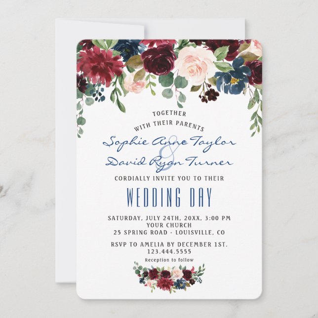 Rustikale Merlot Navy Blush Bloral Hochzeit Einladung (Vorderseite)