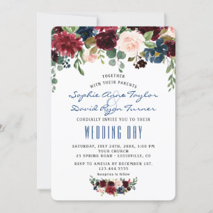 Rustikale Merlot Navy Blush Bloral Hochzeit Einladung