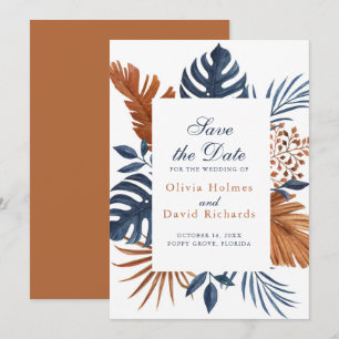 Rustikale Midnight-Blue Monstera Save-the-Date-Kar Save The Date