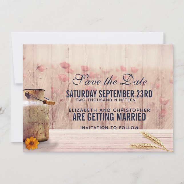 Rustikale Milchdose mit Weizen und Blume Hochzeit Save The Date (Vorderseite)