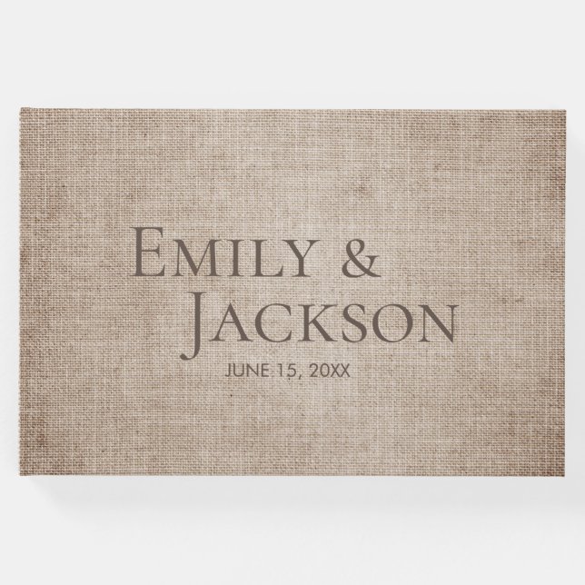 Rustikale Minimal Brown Burlap Linen Wedding Gästebuch (Vorderseite)