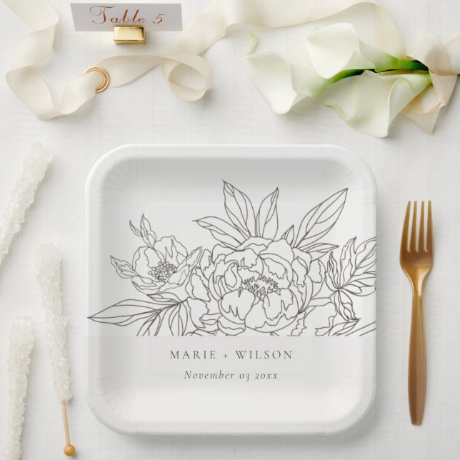 Rustikale Minimal Elegante Braun Sketch Hochzeit Pappteller (Hochzeit)