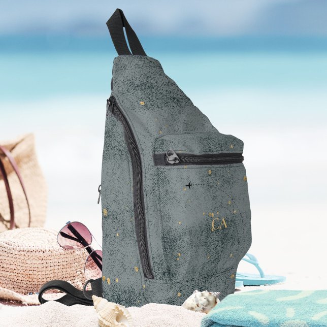 Rustikale Minimal-Monogram Black Gold Reise Crossbody Bag (Rustic Minimal Monogram Airplane Black Gold Travel Sling Bag ©Susanne Sachers - Sunny Wanderlust 🌞✈)