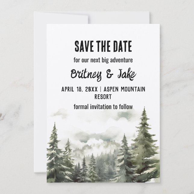 Rustikale Minimalistische Bergkiefer Save the Date Einladung (Vorderseite)