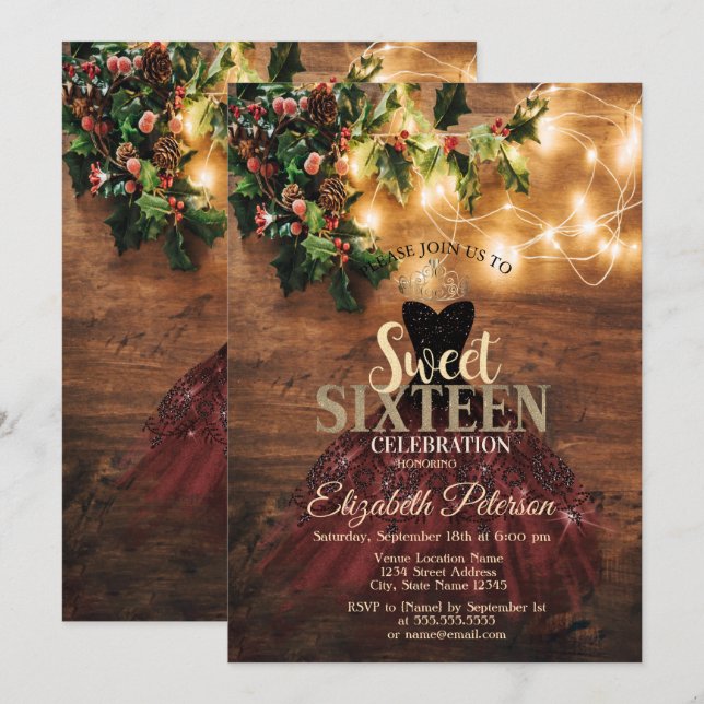 Rustikale Mistletoe Lights, Burgundy Dress Sweet 1 Einladung (Vorne/Hinten)
